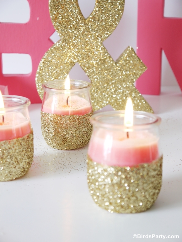 DIY Pink Candles and Glitter Candle Holders - Party Ideas